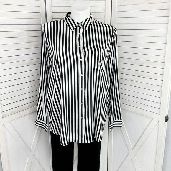 Jane + Delancey Multi Stripe Rayon Button Down Tunic Shirt Black White XL - Picture 1 of 13